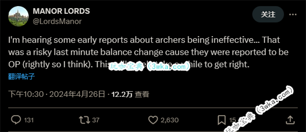 《庄园领主》回应弓箭手太弱：之前太强了，正在调整中